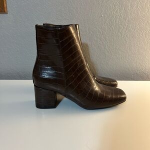 Brown Croc-Embossed Ankle Boots